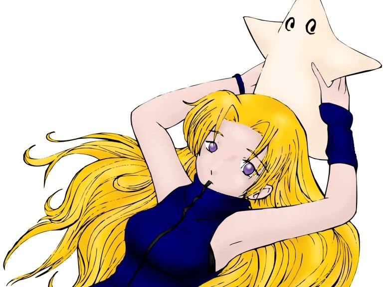 Anime girl with long blonde hair holding a smiling star-shaped plush.