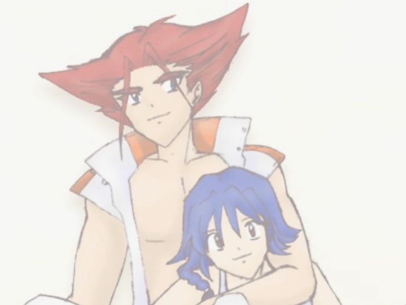 Two anime characters with distinct hairstyles and confident expressions.