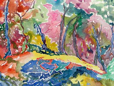 The technicolor path leads me to the peaceful pond
Watercolor
12"x15"
Framed $500
Unframed $250