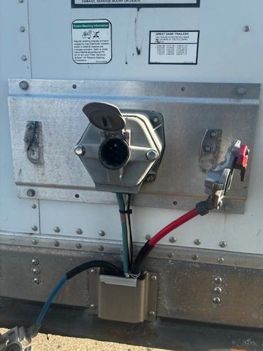 Electrical connector and wiring on a trailer's back panel.