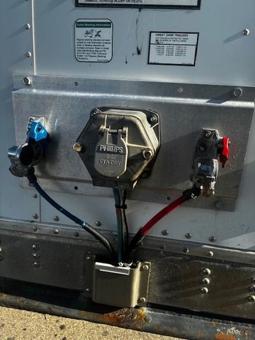 Electrical connectors and cables on a trailer hitch.