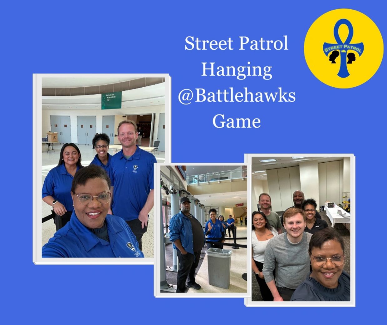 Street Patrol team members smiling at the Battlehawks game venue.