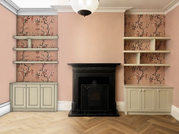 CAD design transitioning into completed alcove cabinetry around a fireplace