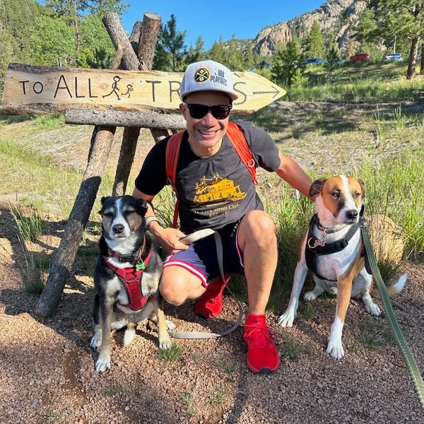 Wrigley, Uncle Alex and Milo hiking in Pine, Colorado.
