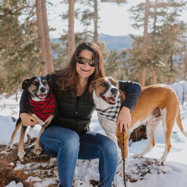 Alicia with Wrigley and Milo in the High Country.