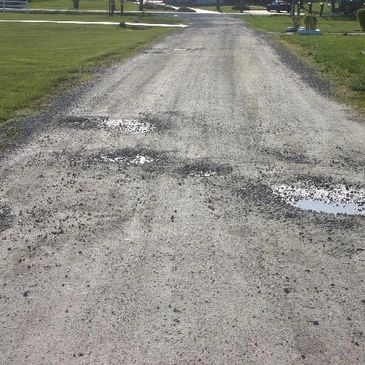 An empty road between grassy fields
