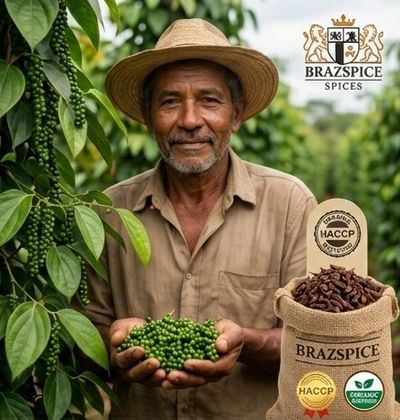 Pepper farmer showing the pepper harvest in his hand, Brazspice opices.