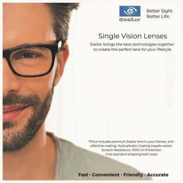 Essilor advertisement for single vision lenses with a man wearing glasses.