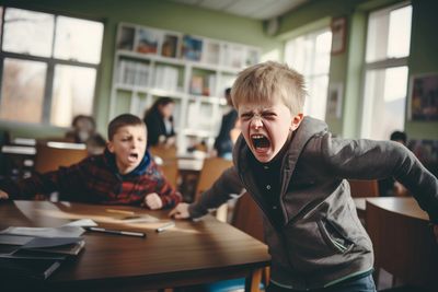 Little boy in a classroom having an emotional distress outburst.