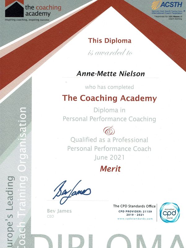 Diploma in Personal Performance Coaching issued by The Coaching Academy to Anne-Mette Nielson