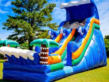 Colorful inflatable water slide with palm tree decorations on a sunny day.