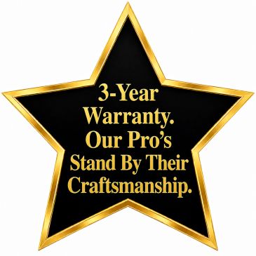 Star-shaped warranty badge with gold text and border.