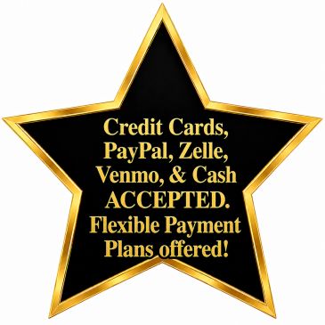 A star-shaped sign listing accepted payment methods.