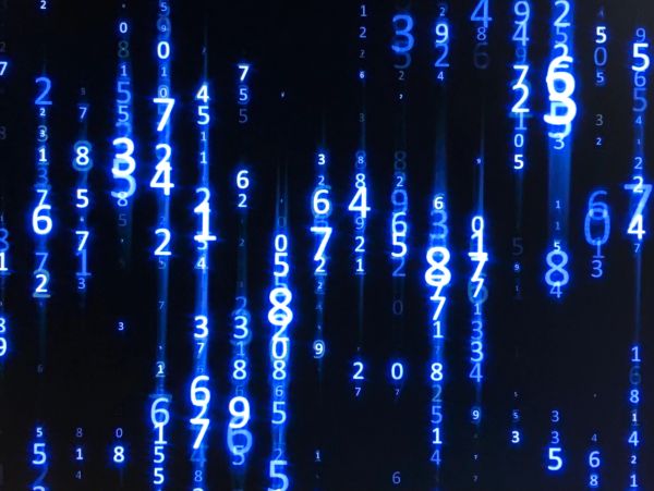 Blue glowing numbers falling vertically on a black background, resembling digital rain.