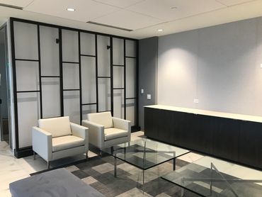 Blackened Steel feature wall in a reception area in Birmingham, Alabama.