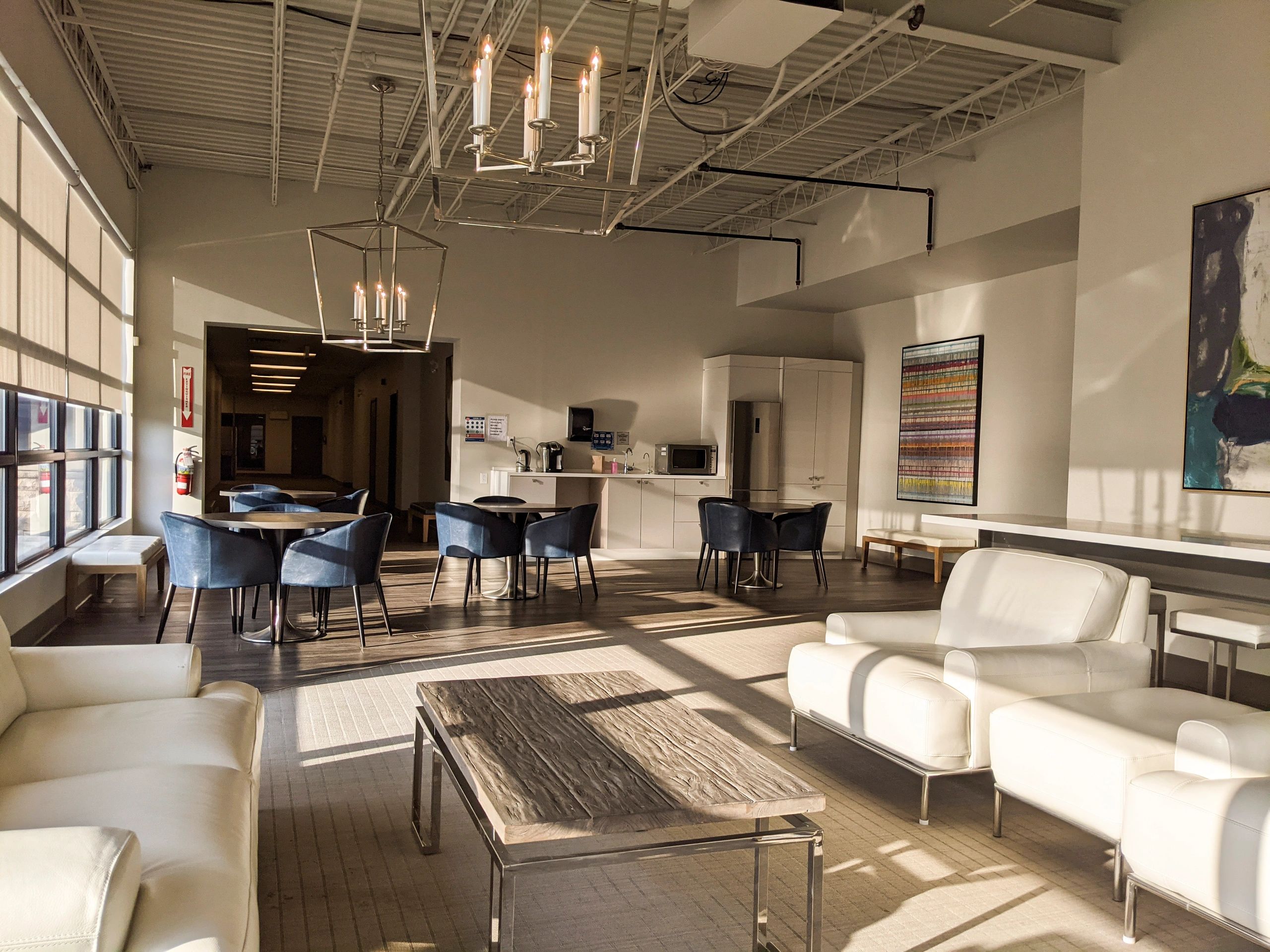Modern common room and kitchenette for our office space renters. Located in Ajax Ontario.