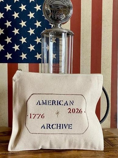 Hand-painted canvas zip pouch influenced by americana travel, archival design, vintage letters