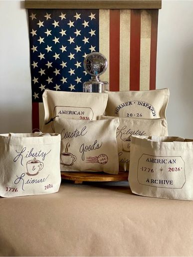 Hand-painted canvas goods influenced by American leisure, travel, correspondence, heritage.