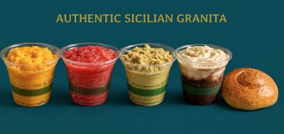 Four cups of authentic Sicilian granita with a pastry.