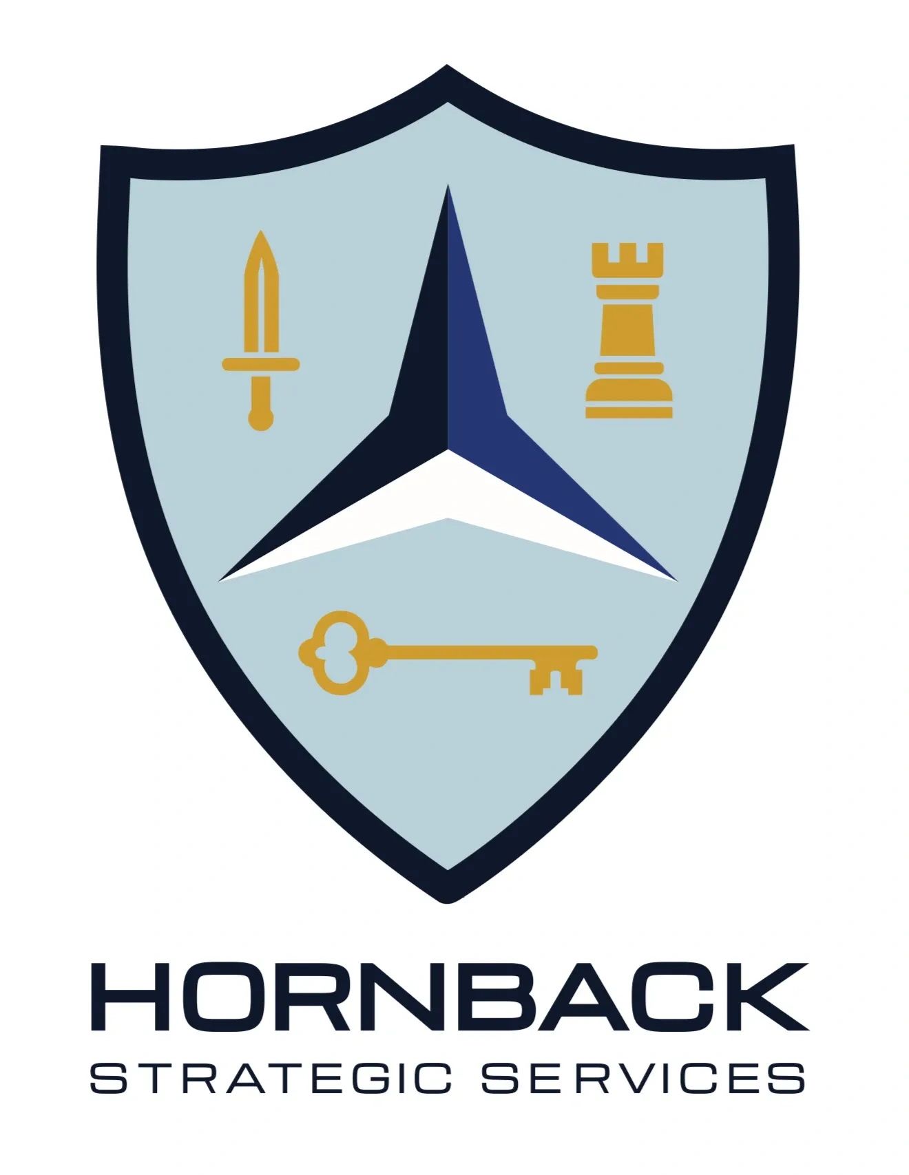 Hornback Strategic Services logo with shield, sword, rook, and key symbols.