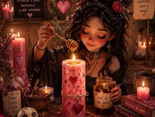 Niña prepara vela de amor con miel y magia.