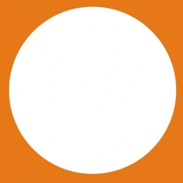 A large white circle on an orange square background.
