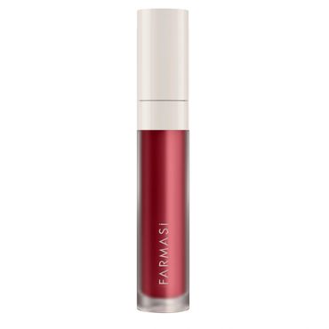 A sleek red liquid lipstick with a white cap from Farmasi.