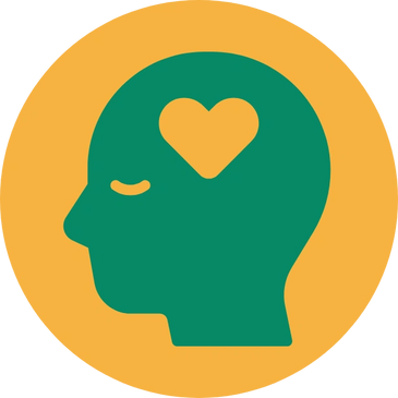 Yellow circle with a green icon depicting mental health. It shows a profile view of a head with a he