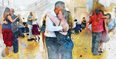 Couples dancing Argentine tango workshop closely in the Colchester tango community at tango lessons.