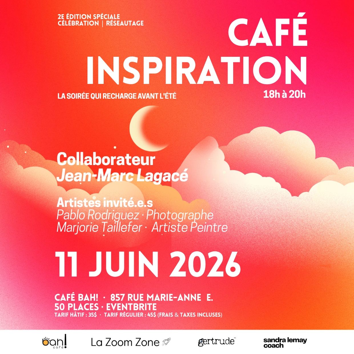 Affiche colorée annonçant le Café Inspiration le 11 juin 2026 pour une soirée de réseautage et célébration.