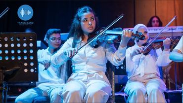 A group of musicians playing violins during a performance with focused expressions.