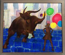 Fearless Girl and Wall Stret Bull inspired Art. Silk Painting of Fearless Girl with balloons and 'pink Pussy " hat.