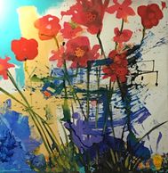 Modernist Poppies . acrylic painting on found canvas