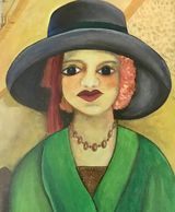 Portrait of Red Headed Woman in a big Hat. and green coat with red beads