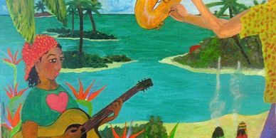 Acrylic Painting of Island scene and musicians. Commission of Gram's Place - ostel in Tampa Florida. http://grams-inn-tampa.com/