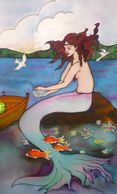 Auburn haired Mermaid,sitting on a rock. Painting on Silk
