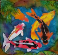Brightly colored Koi in Pond, painting on Silk