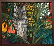 Silk Painting under Mixed Media. Screech Owl in Areca Palm.