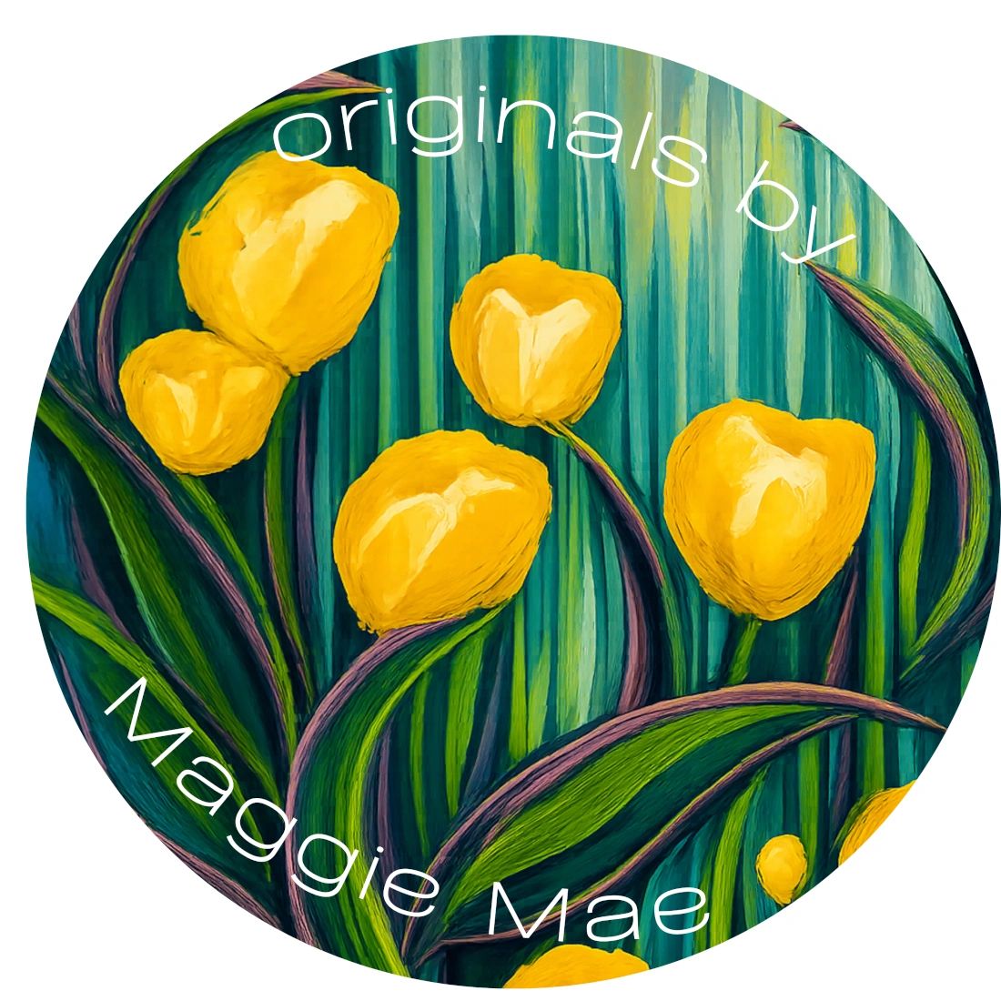 Yellow tulips with green leaves on a blue-green background, framed by text.