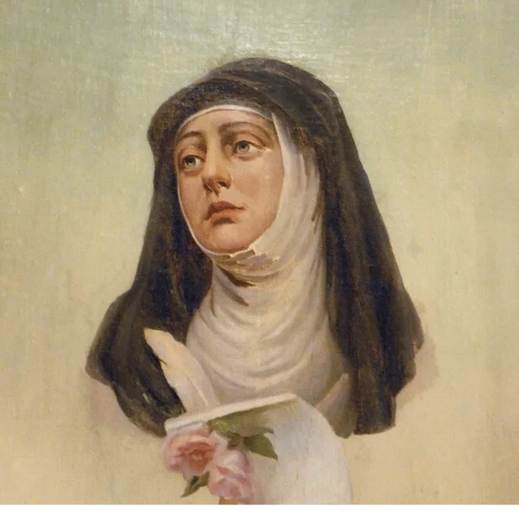 A portrait of a nun, Heloise d'Argenteuil, looking wistfully off and holding a book & quill.