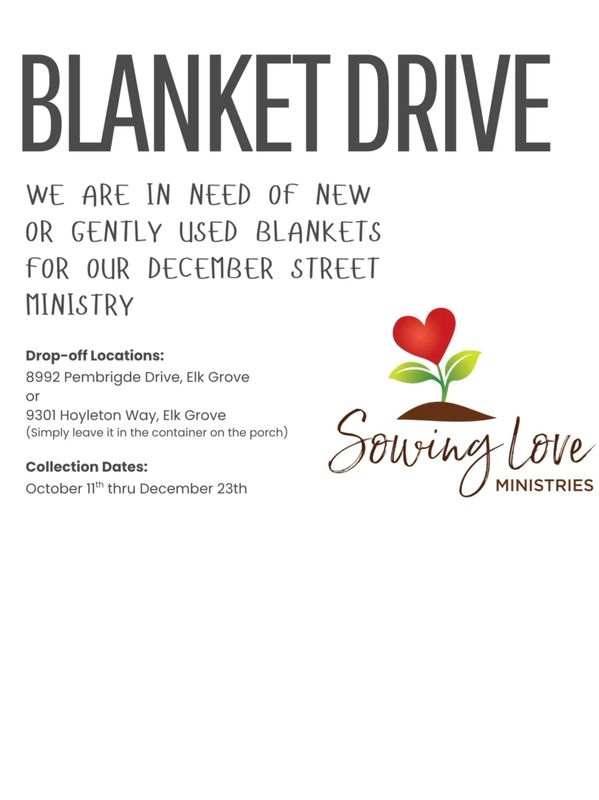 Blanket drive asking for new or gently used blankets.