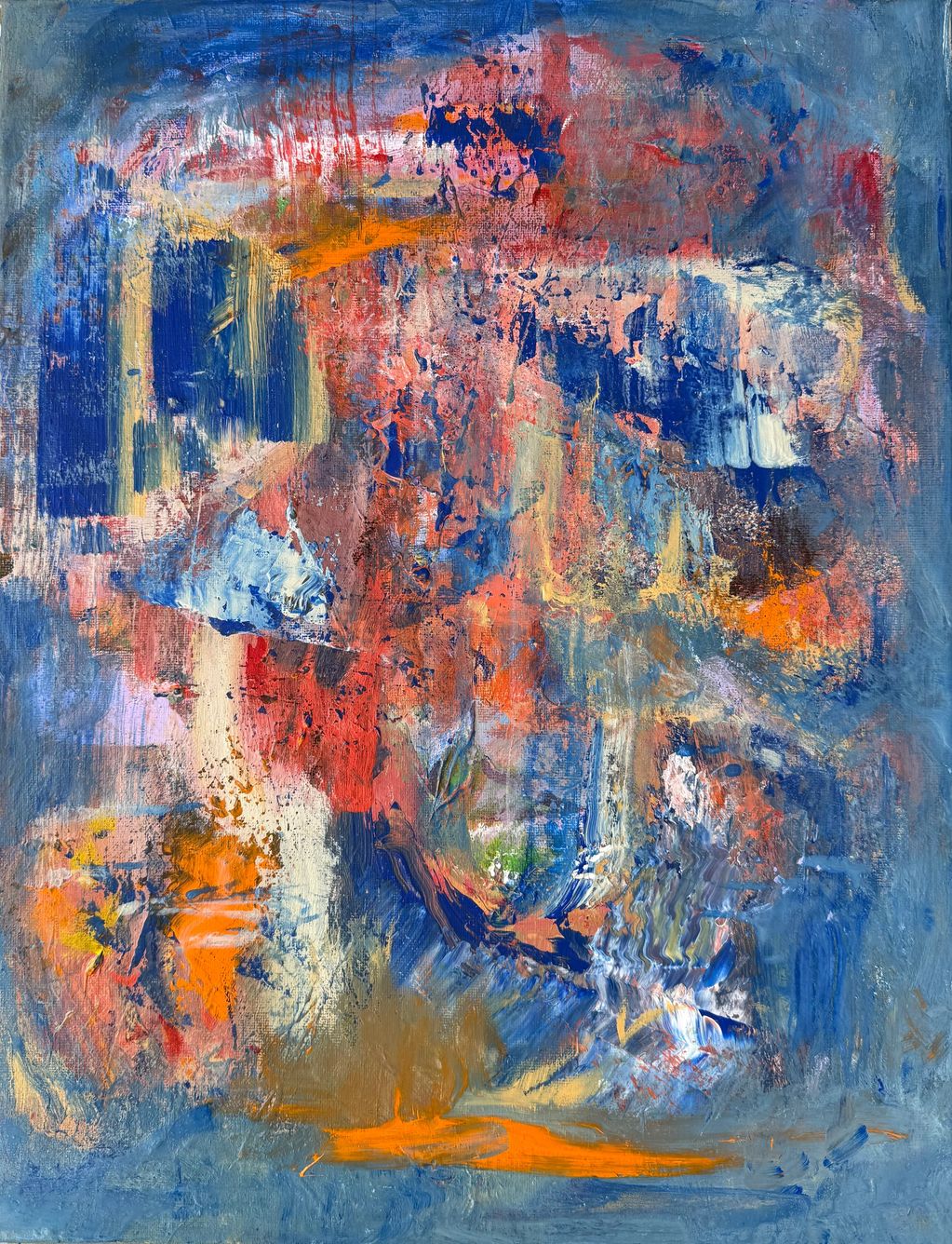 Abstract painting with vibrant orange, blue, and red brushstrokes.