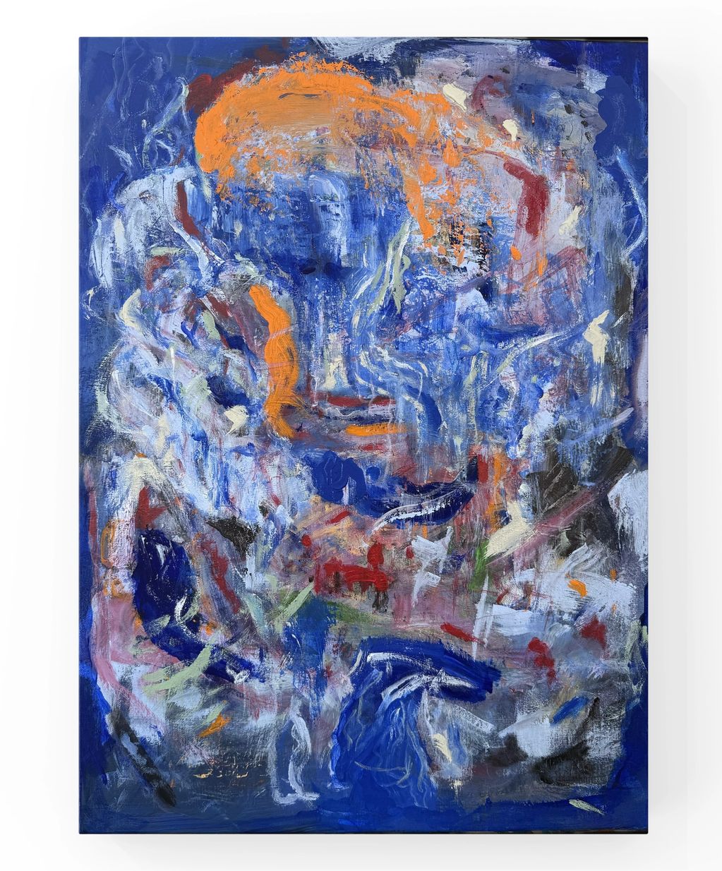 Abstract painting with dynamic blue, orange, and red brushstrokes.