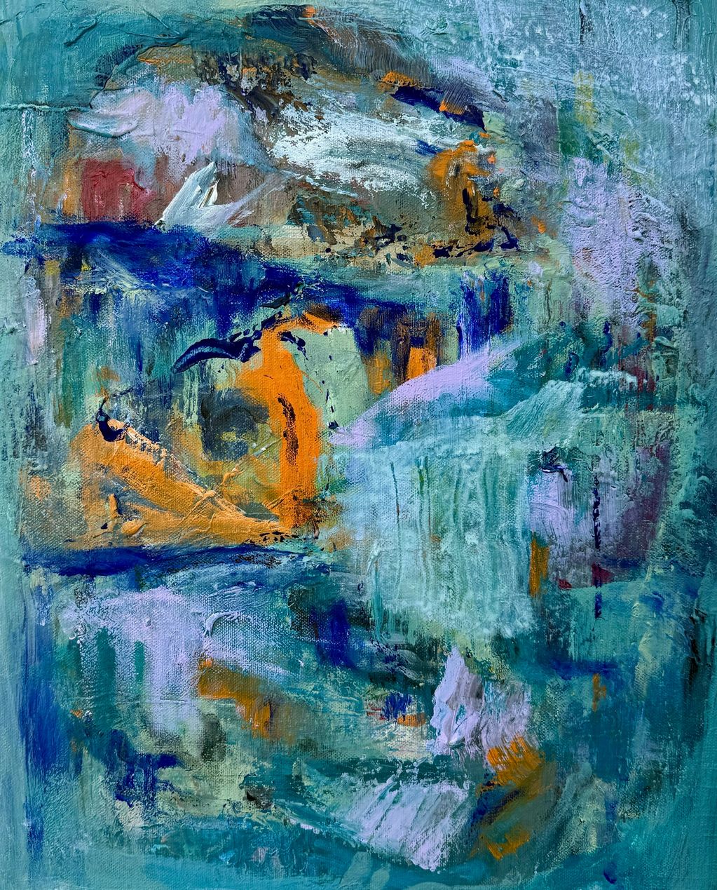 Abstract painting with blue, orange, and purple hues creating textured layers.