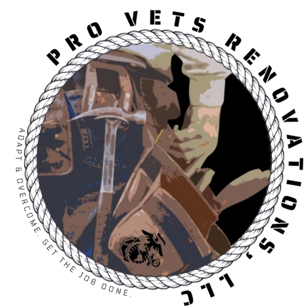 A person holding a hammer near a leather tool belt with a Marine Corps emblem.
