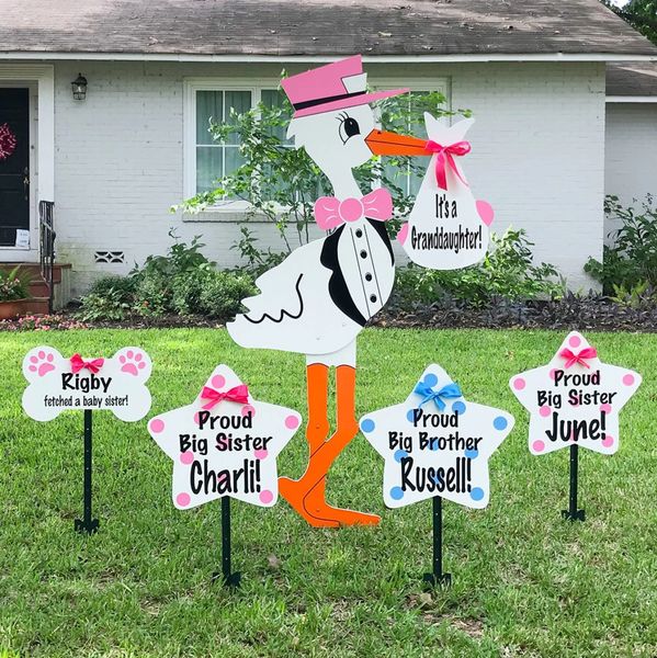 Pink stork birth announcement sign rental with brother/sister star sign rentals and pet sign rentals