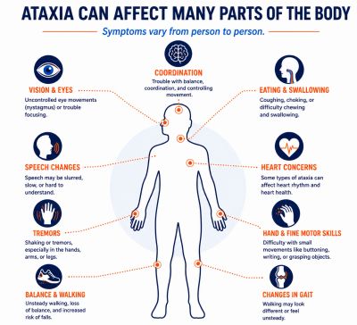 Diagram showing various symptoms of ataxia affecting the body.