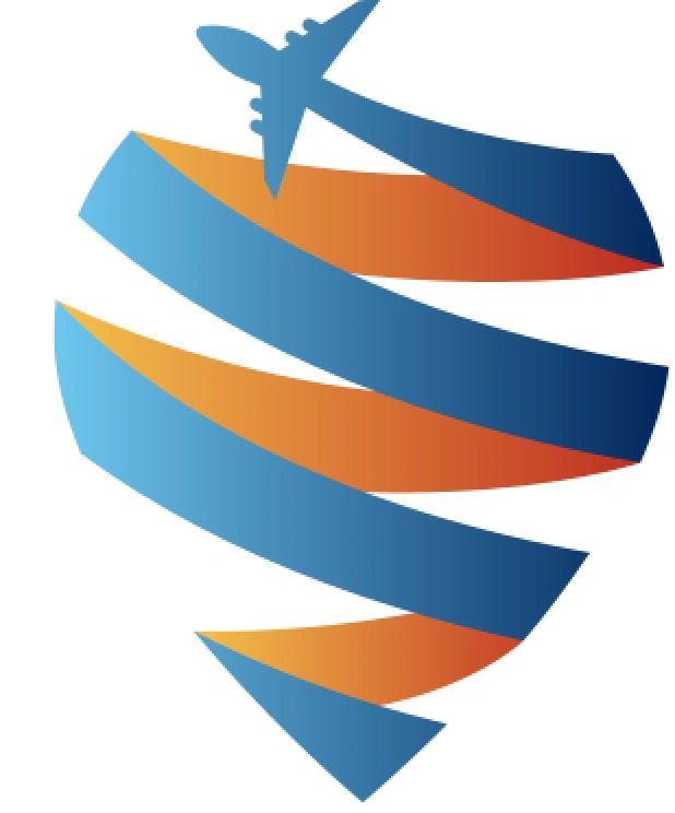 A travel logo with an airplane over curved blue and orange ribbons forming a globe.