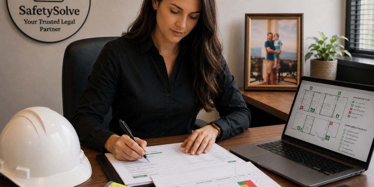 Person filling out safety inspection forms at desk with safety gear nearby.