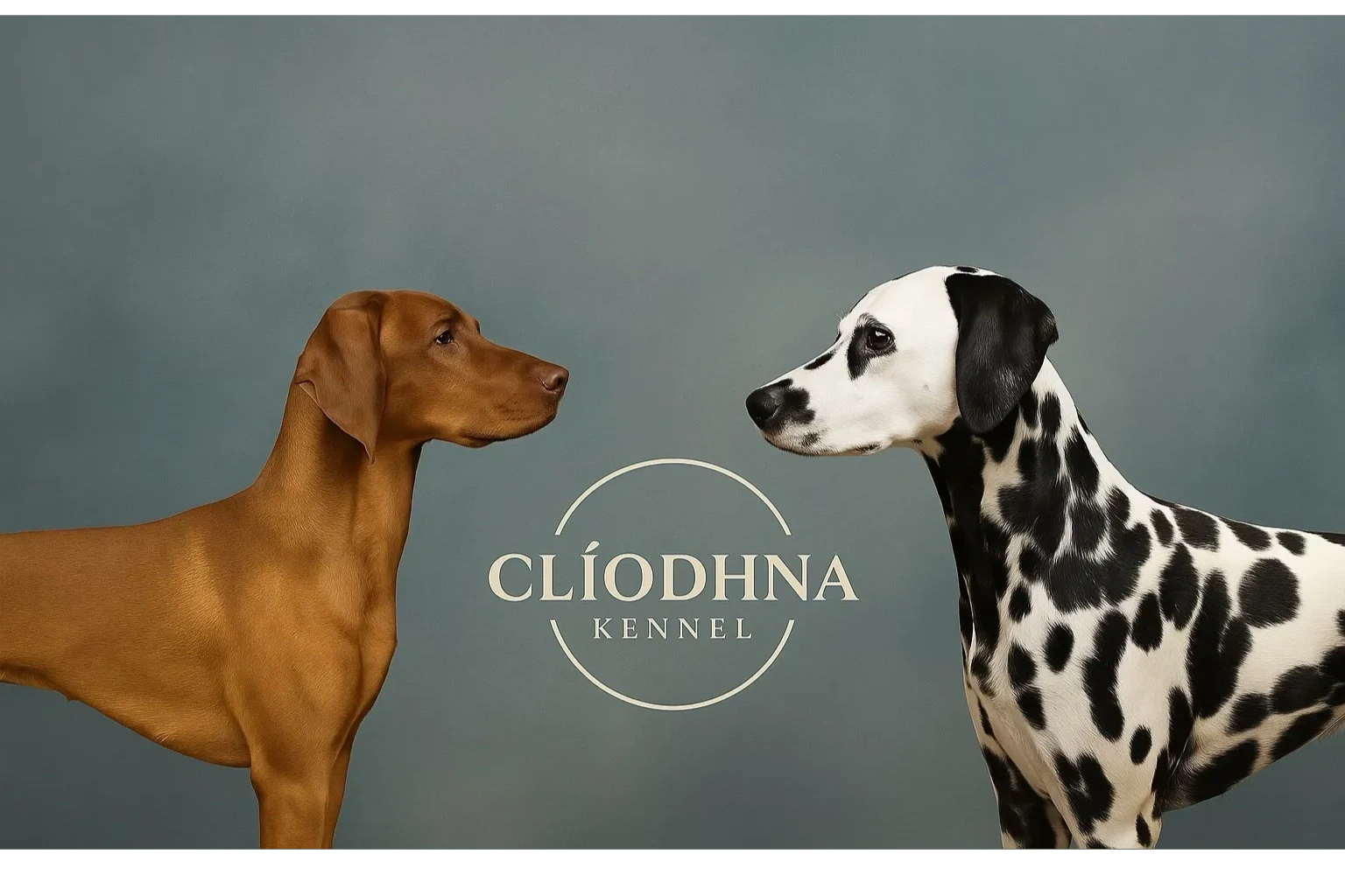 Two dogs facing each other with a kennel logo in the center.